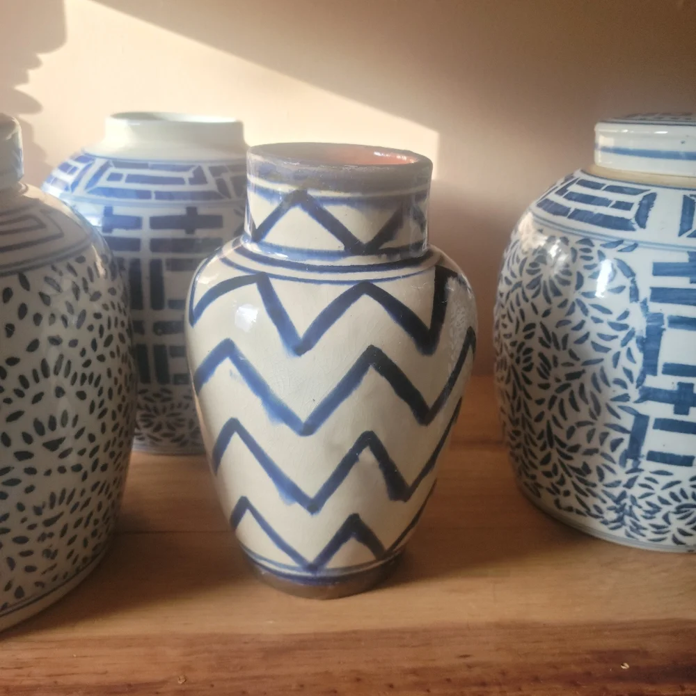 Vintage handmade vase blue white brass trim 9